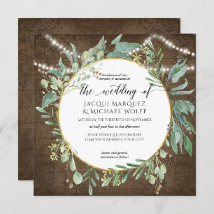 Invitation Aquarelle Twinkle Lights Rustic Wood Eucalyptus