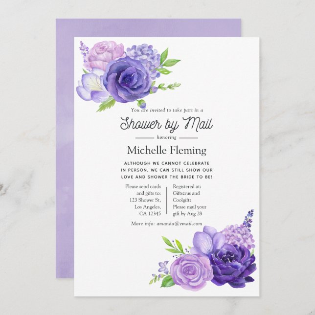 Invitation Aquarelle ultra violet Baby shower floral par cour (Devant / Derrière)