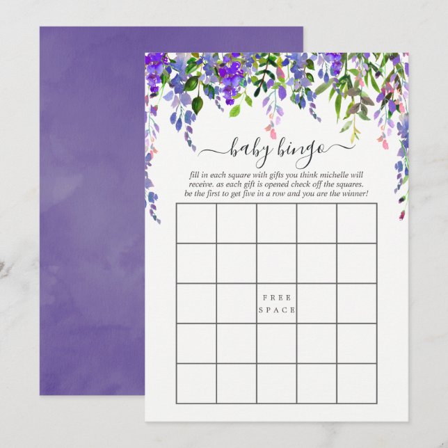 Invitation Aquarelle Ultra Violet Floral Baby Bingo (Devant / Derrière)