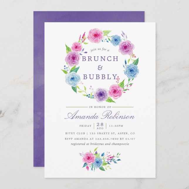 Invitation Aquarelle Ultra Violet Floral Brunch et Bubbly (Devant / Derrière)