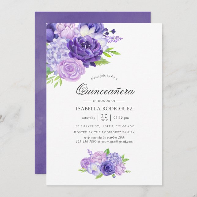 Invitation Aquarelle Ultra Violet Floral Quinceañera (Devant / Derrière)