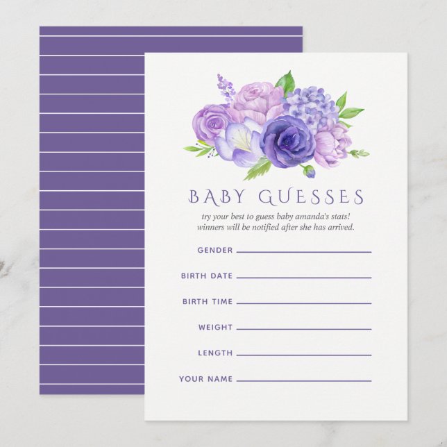 Invitation Aquarelle ultra violette Baby shower Floral Guesse (Devant / Derrière)