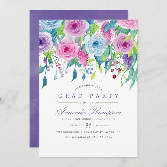 Invitation Aquarelle ultra violette Floral Graduation Party (Devant / Derrière)