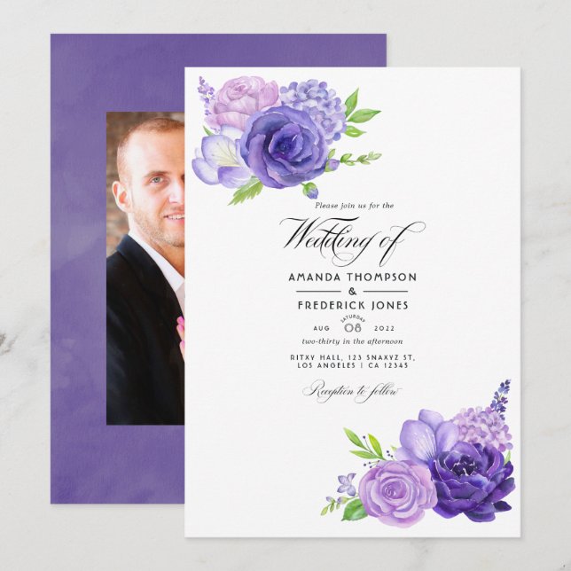 Invitation Aquarelle ultra violette Mariage (Devant / Derrière)