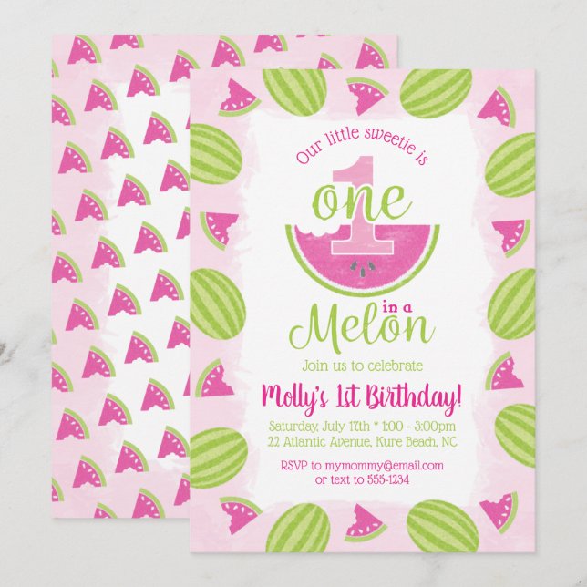 Invitation Aquarelle un dans un Melon 1er Anniversaire rose (Devant / Derrière)