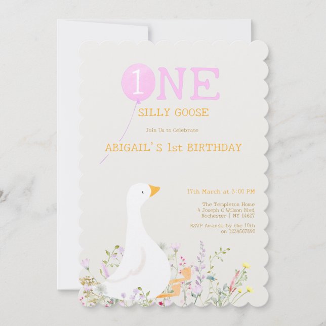 Invitation Aquarelle Une oie soie Fleur sauvage 1er anniversa (Devant)