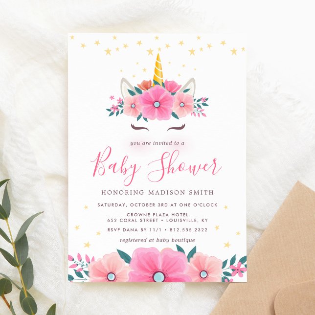 Invitation Aquarelle Unicorn Face Floral Stars Baby shower (Créateur téléchargé)