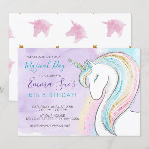 Invitation Aquarelle Unicorn Jour magique Fille Anniversaire