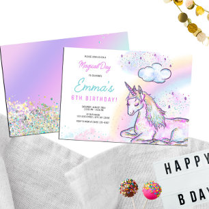 Invitation Aquarelle Unicorn Jour magique Fille Anniversaire