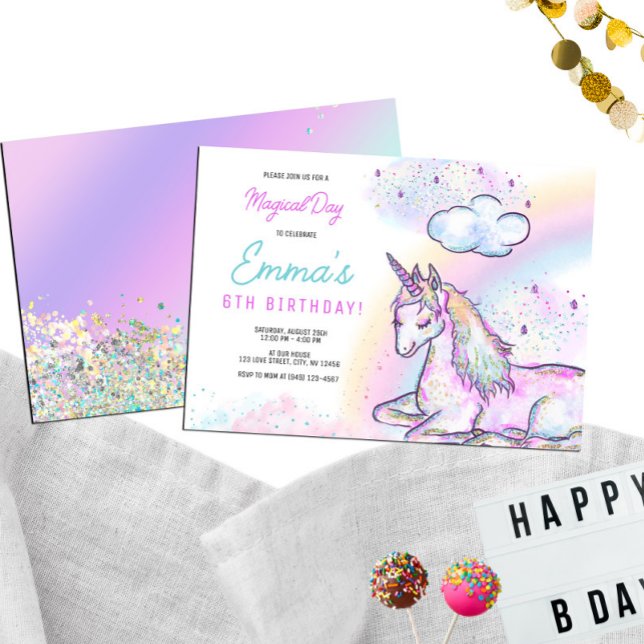 Invitation Aquarelle Unicorn Jour magique Fille Anniversaire (Créateur téléchargé)