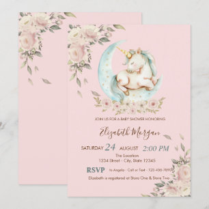 Invitation Aquarelle Unicorn Lune Baby shower floral