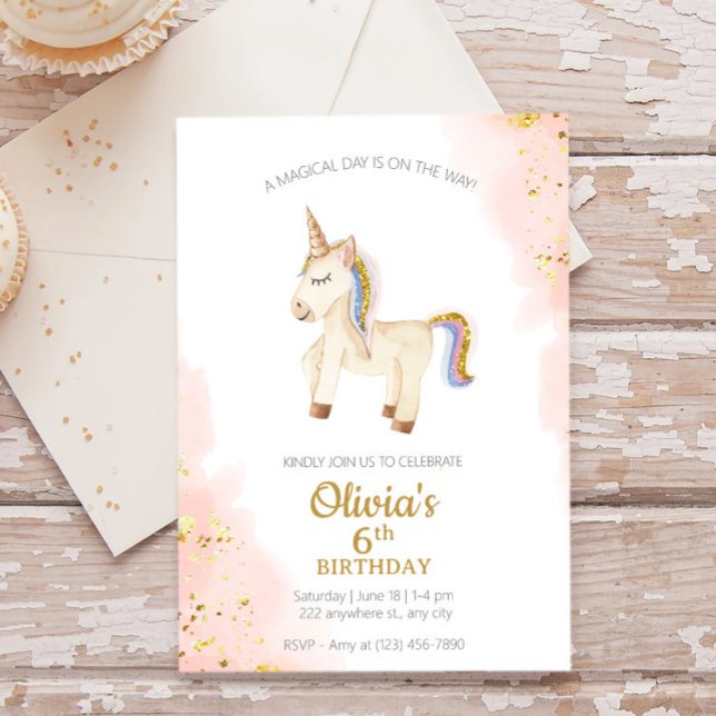 Invitation Aquarelle Unicorn pastel or parties scintillant An (Créateur téléchargé)
