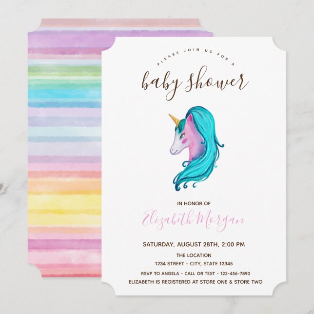 Invitation Aquarelle Unicorne Baby shower rayé (Devant / Derrière)