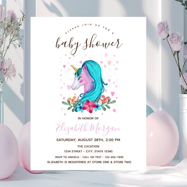 Invitation Aquarelle Unicorne Fleurs Baby shower rayé (Créateur téléchargé)