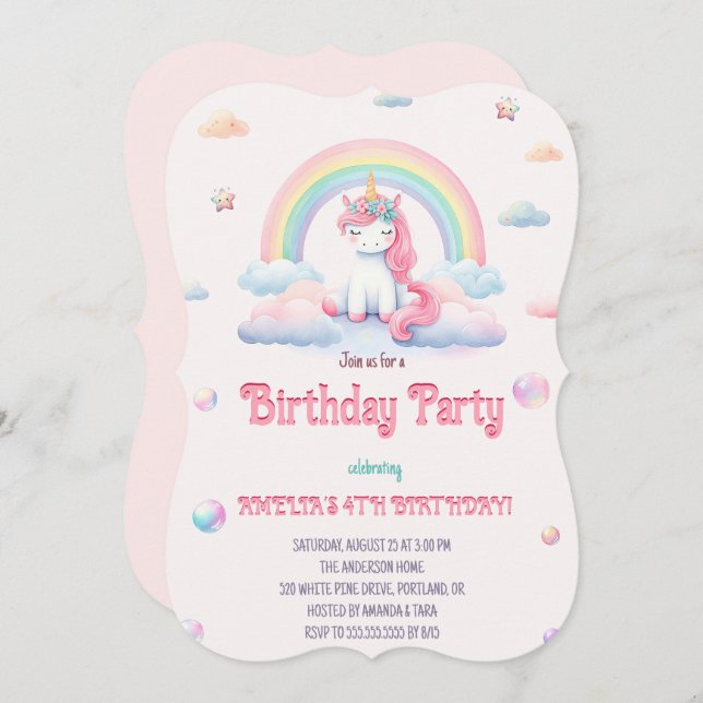 Invitation Aquarelle Unicornes Magique Arc-en-ciel fête d'ann (Devant / Derrière)