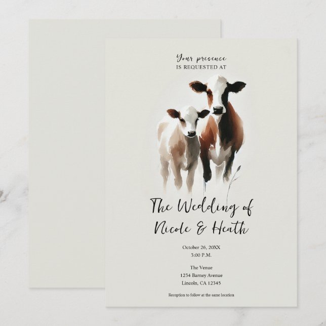 Invitation Aquarelle Vaches Mariage Minimaliste Rustique (Devant / Derrière)