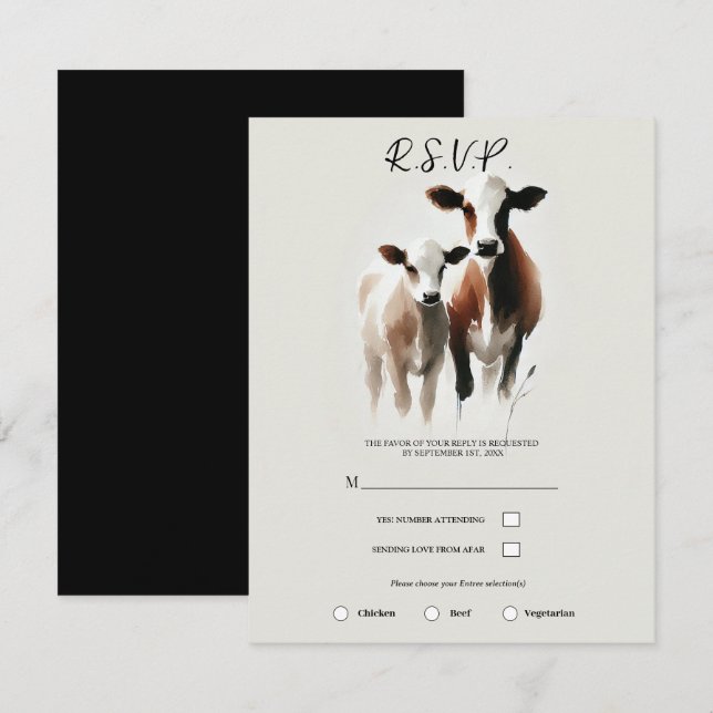 Invitation Aquarelle Vaches Mariage Minimaliste Rustique (Devant / Derrière)