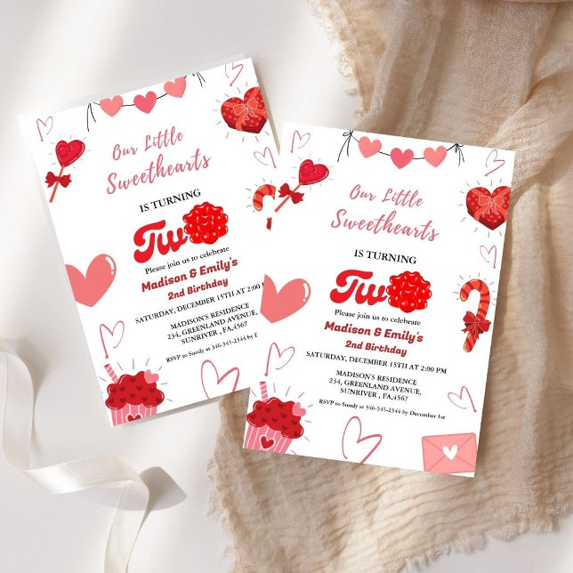 Invitation Aquarelle Valentine coeur Twin Girls 2e anniversai (Créateur téléchargé)