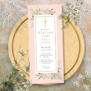 Invitation Aquarelle Végétal Baptême Christening Rose Pâle