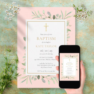 Invitation Aquarelle Végétation Baptême Christening Rose Pâle