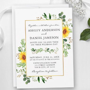 Invitation Aquarelle Végétation Tournesols Mariage Or