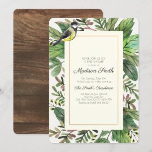 Invitation Aquarelle Verdure Baby shower des oiseaux de Woods