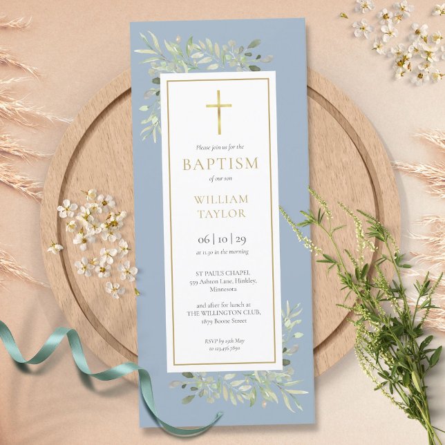 Invitation Aquarelle Verdure Baptême Christening Bleu Poussié (Créateur téléchargé)