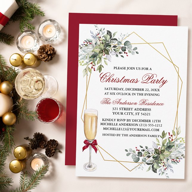 Invitation Aquarelle Verdure Berries Fête de Noël Verre (Customize to change text color, size, style or to change color of back of card.)