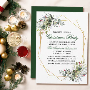 Invitation Aquarelle Verdure Berries Gold Christmas Party