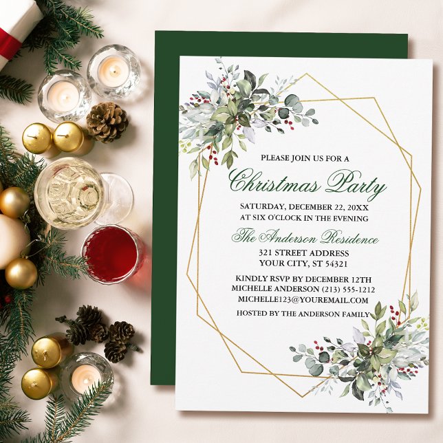 Invitation Aquarelle Verdure Berries Gold Christmas Party (Customize to change text color, size, style or to change color of back of card.)