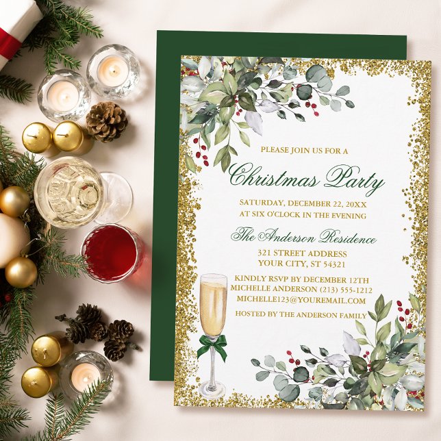 Invitation Aquarelle Verdure Berries Gold Christmas Party (Customize to change text color, size, style or to change color of back of card.)