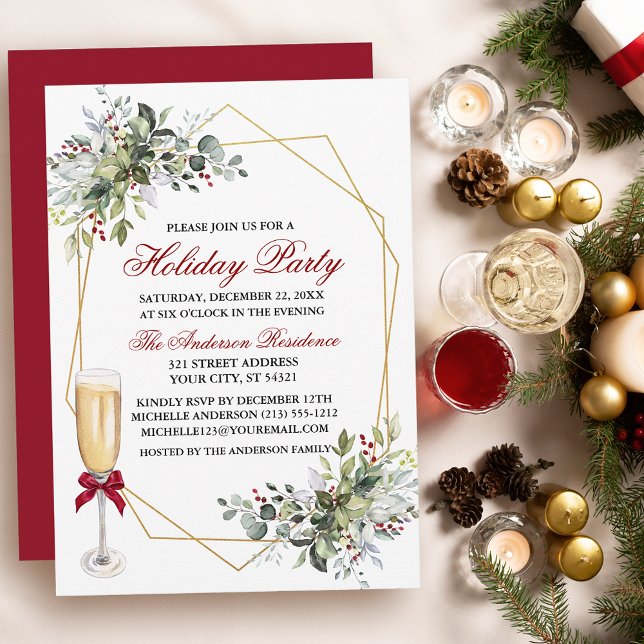 Invitation Aquarelle Verdure Berries Verre de fête de vacance (Customize to change text color, size, style or to change color of back of card.)