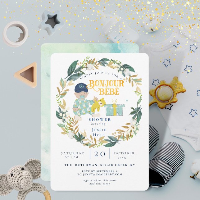 Invitation Aquarelle Verdure Bonjour Baby shower garçon (Cute Baby Boy Shower with 'Bonjour Baby' theme. Baseball cap and foliage wreath details.)