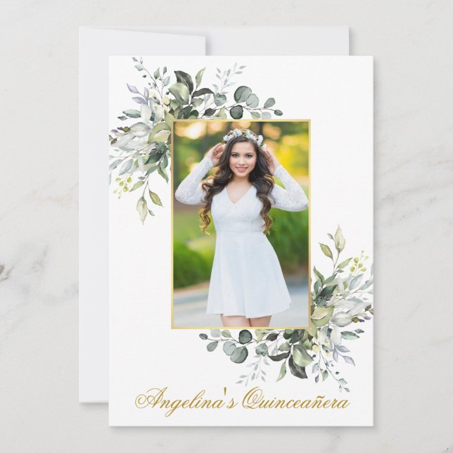Invitation Aquarelle Verdure Cadre Or Photo Quinceanera (Devant)