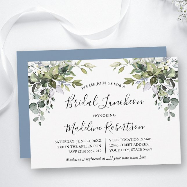 Invitation Aquarelle Verdure Calligraphie Bleu Bridal Déjeune (Customize to change text color, text style or color of back of card.)