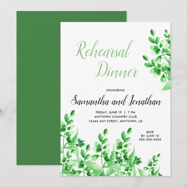 Invitation Aquarelle Verdure Calligraphie Dîner de répétition (Devant / Derrière)