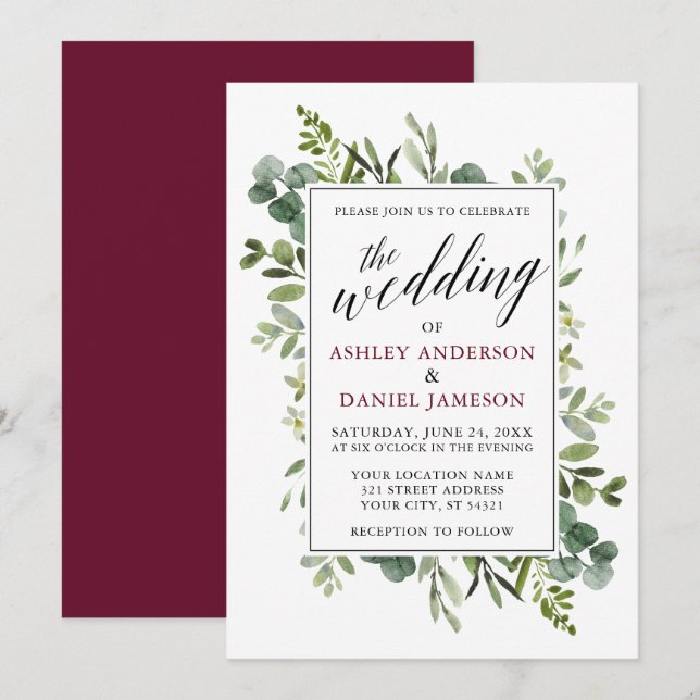 Invitation Aquarelle Verdure calligraphie Mariage Bourgogne (Devant / Derrière)