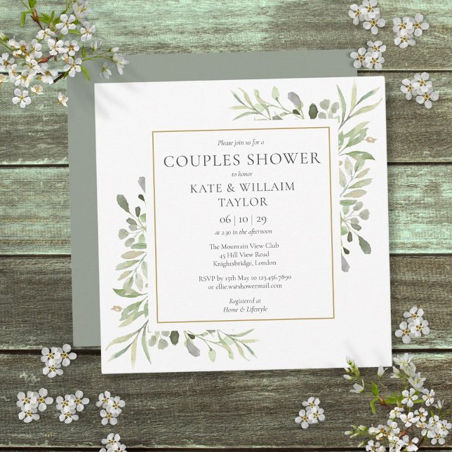 Invitation Aquarelle Verdure Couples Baby shower Sprinkle (Watercolor Greenery Couples Baby Shower Sprinkle Invitation)