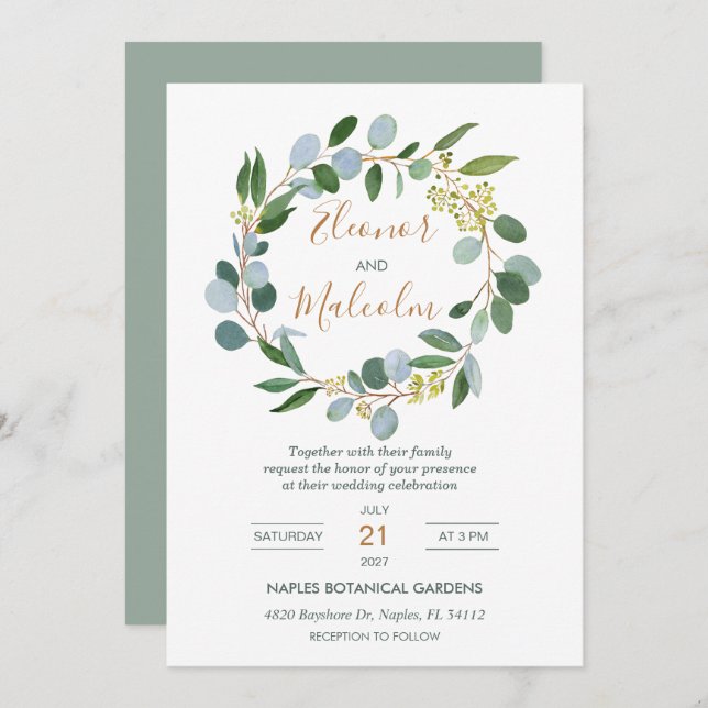 Invitation Aquarelle verdure couronne, eucalyptus Mariage (Devant / Derrière)