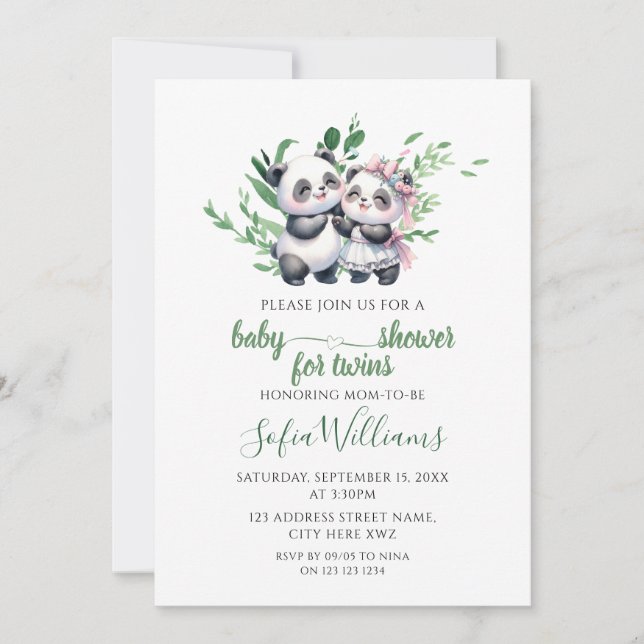 Invitation Aquarelle Verdure Cute Panda Twins Baby Girl Boy (Devant)