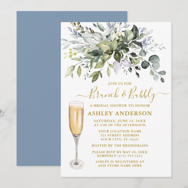 Invitation Aquarelle Verdure Dusty Bleu Brunch Bubbly Or (Devant / Derrière)