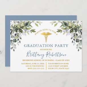 Invitation Aquarelle Verdure Dusty Bleu Médicale Grad Party