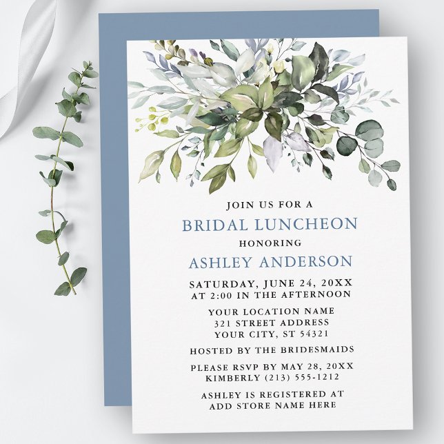 Invitation Aquarelle Verdure Dusty Blue Bridal Luncheon (Customize to change text color, text style or color of back of card.)