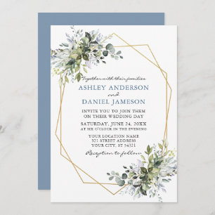Invitation Aquarelle Verdure Dusty Blue Geo Mariage cadre