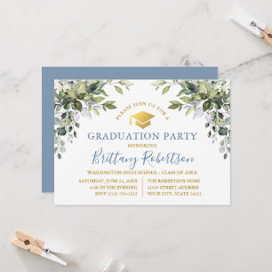 Invitation Aquarelle Verdure Dusty Blue Gold Grad Party