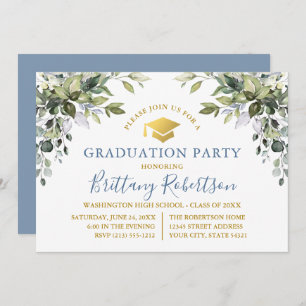 Invitation Aquarelle Verdure Dusty Blue Gold Grad Party