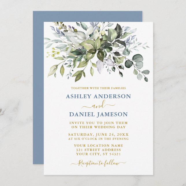 Invitation Aquarelle Verdure Dusty Blue Gold Mariage (Devant / Derrière)
