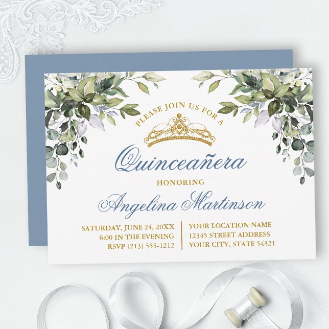 Invitation Aquarelle Verdure Dusty Blue Quinceanera Party (Customize to change text color, style, add text & photos to back or change color of back of card.)