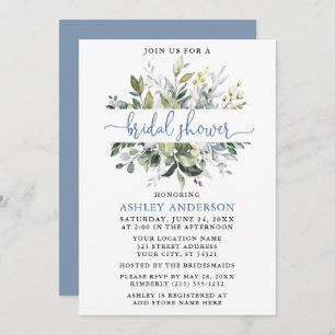 Invitation Aquarelle Verdure Dusty Blue Script Douche