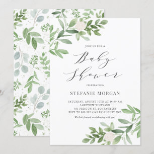 Invitation Aquarelle Verdure et Baby shower Floral blanc